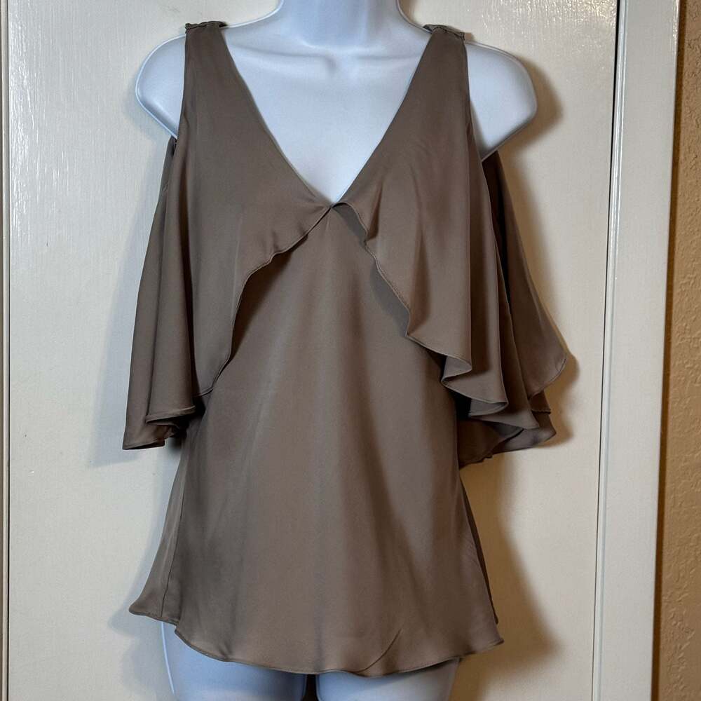 Lauren Ralph Lauren Silk Cold Shoulder Ruffle Flutter Sleeve Top in Taupe Size S
